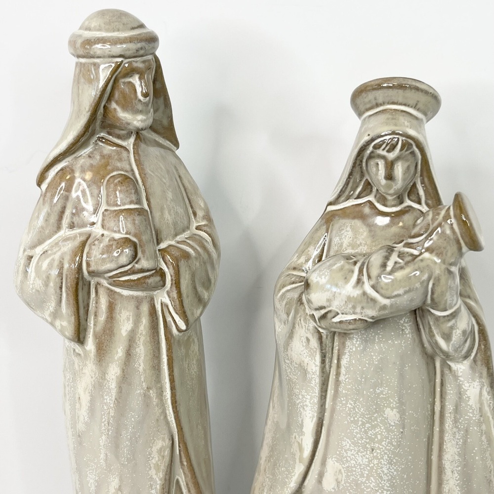 Holy Family Earthenware Glazed Clay Nativity Figurines Set Of 2 Vintage - Picture 6 of 14